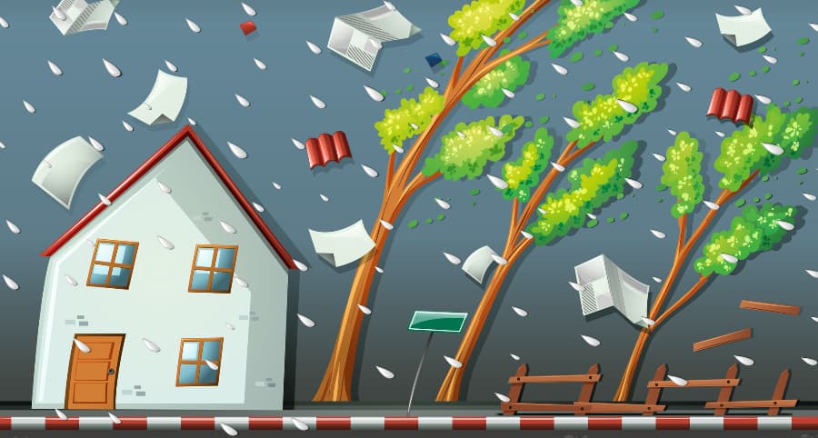 Illustration of a storm affecting a home and the surrounding environs